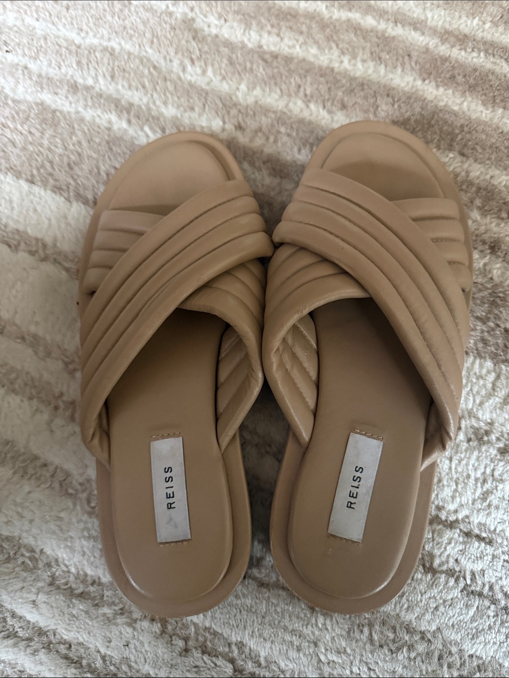 Reiss Tan Quilted Crossover Slide Sandals